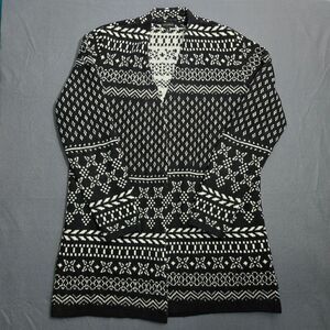 Talbots Women M Black White Fair Isle Knit Cardigan Sweater Heavy Weight Winter